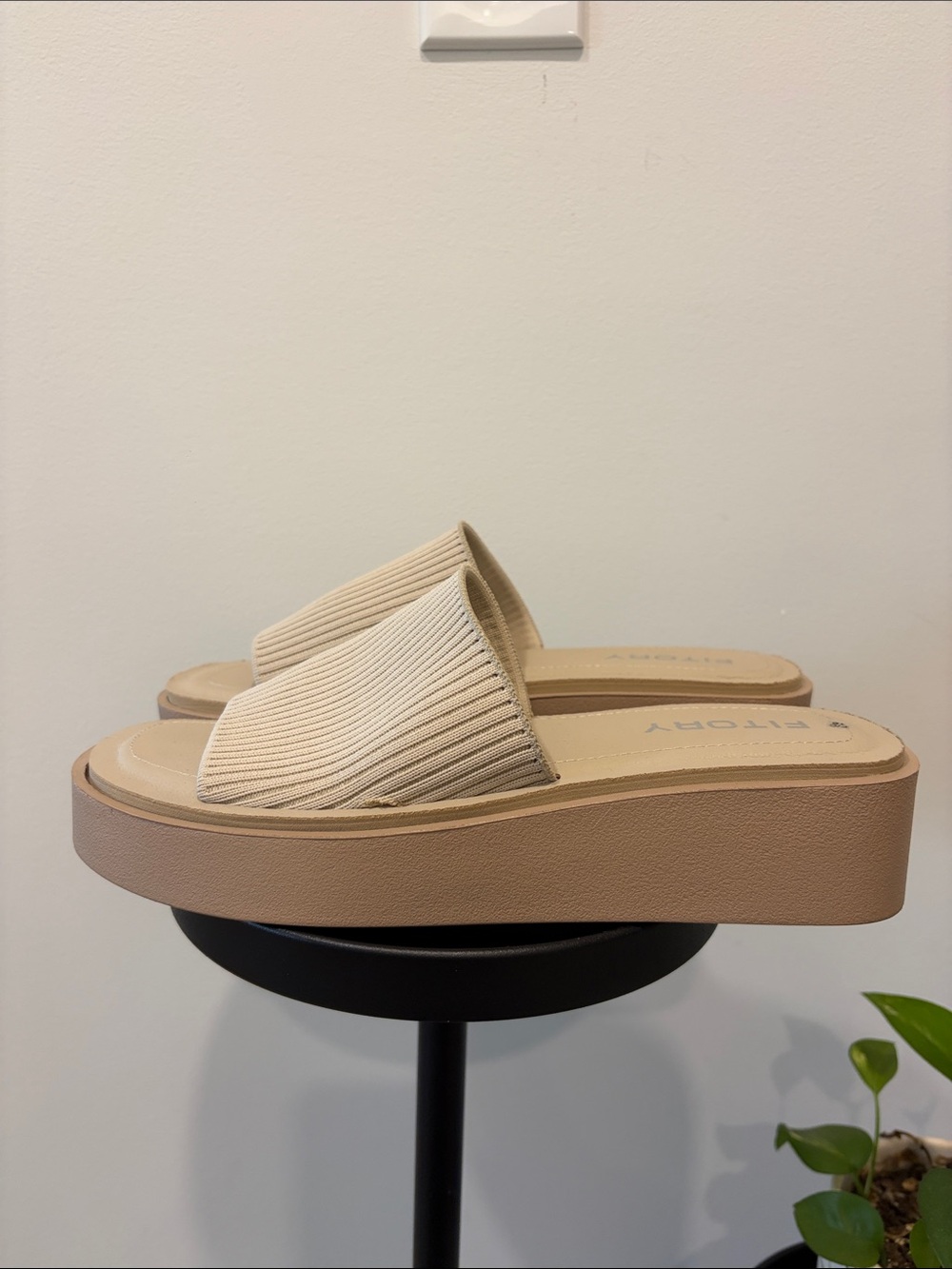 Beige Ribbed Stretch Platform Slide Sandals